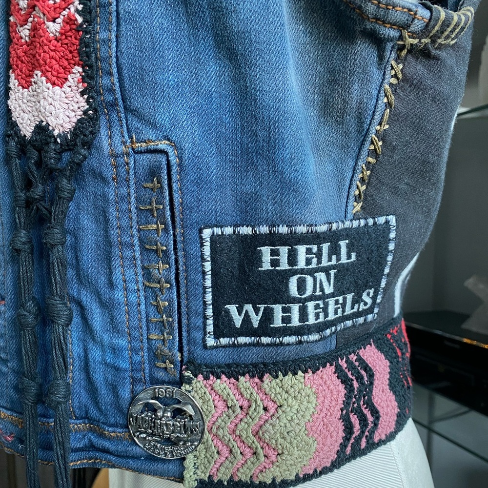 Custom Denim Fur Biker Patches Fringe Vest festival metal goth agatha blois NYC - Picture 14 of 16